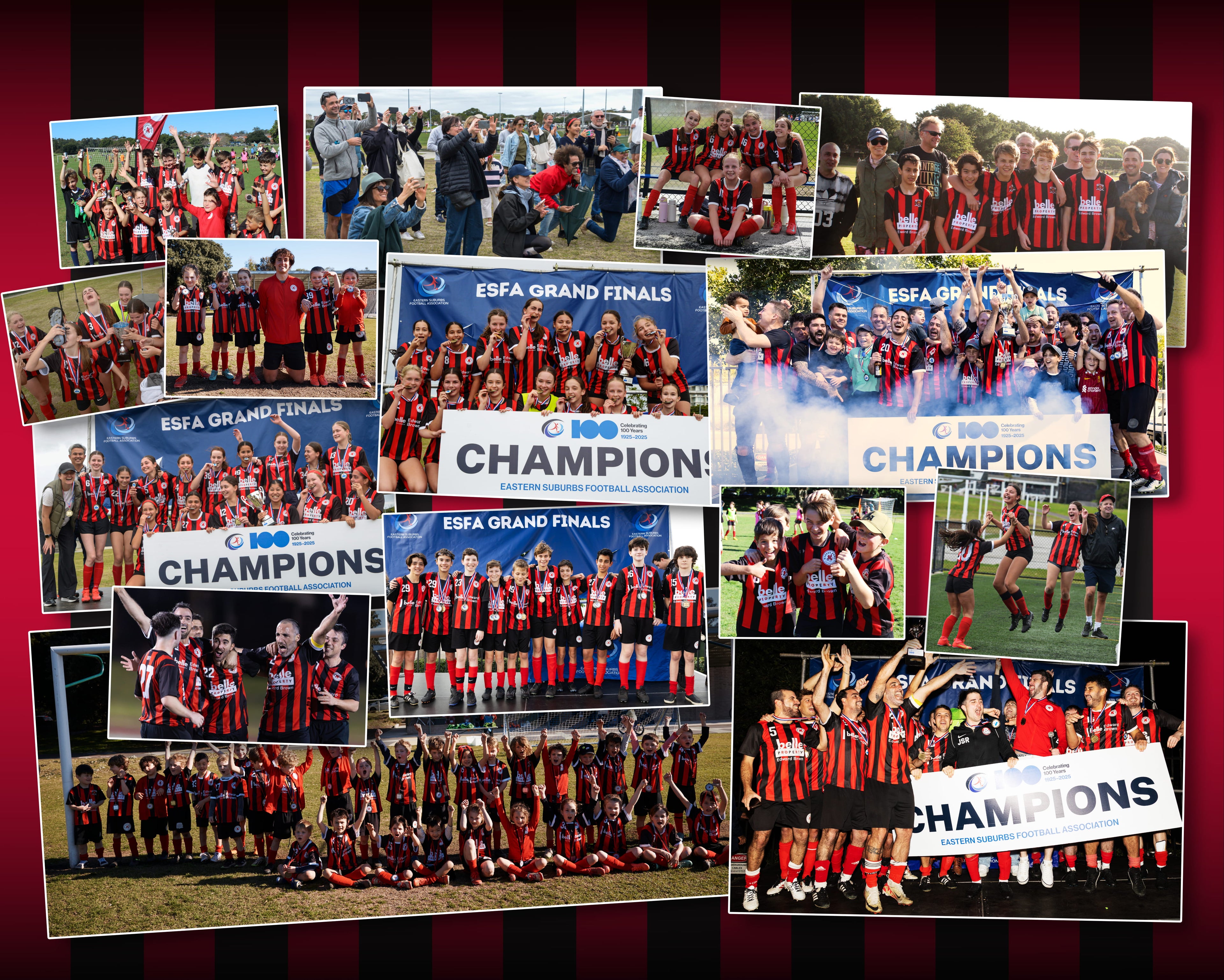 photo collage of QPFC teams and players celebrating their champions